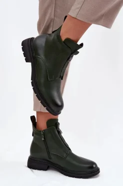 Damskie Boto Ocieplane Botki Damskie Na Zamek Z Ozdobnym Detalem Ciemnozielone Roselle