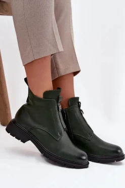 Damskie Boto Ocieplane Botki Damskie Na Zamek Z Ozdobnym Detalem Ciemnozielone Roselle