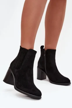 Boto Botki Ocieplane|Botki Na Słupku*Ocieplane Botki Damskie Na Słupkowym Obcasie Czarne Brevina