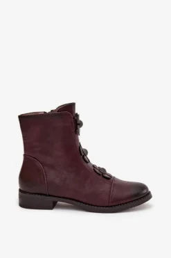 Damskie Boto Ocieplane Botki Damskie Na Płaskim Obcasie Z Ozdobnymi Kwiatkami Bordowe Pravienne