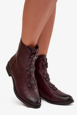 Damskie Boto Ocieplane Botki Damskie Na Płaskim Obcasie Z Ozdobnymi Kwiatkami Bordowe Pravienne