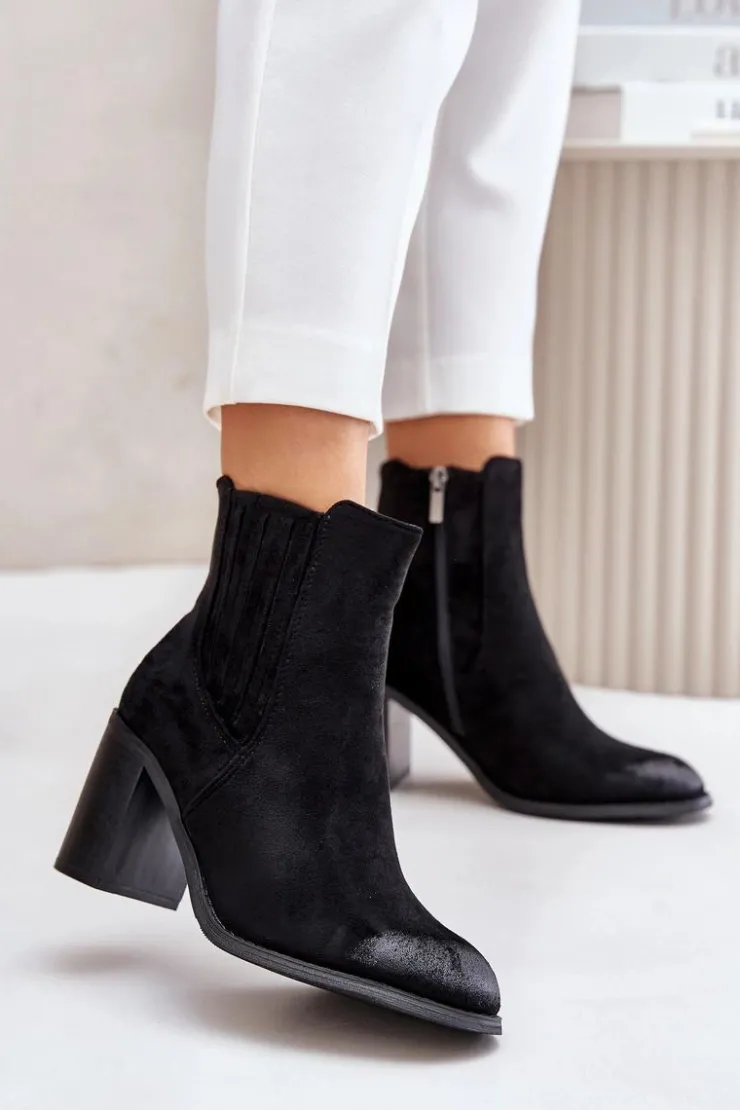 Clearance Boto Ocieplane Botki Damskie Na Słupku Eko Zamszowe Czarne Gudra