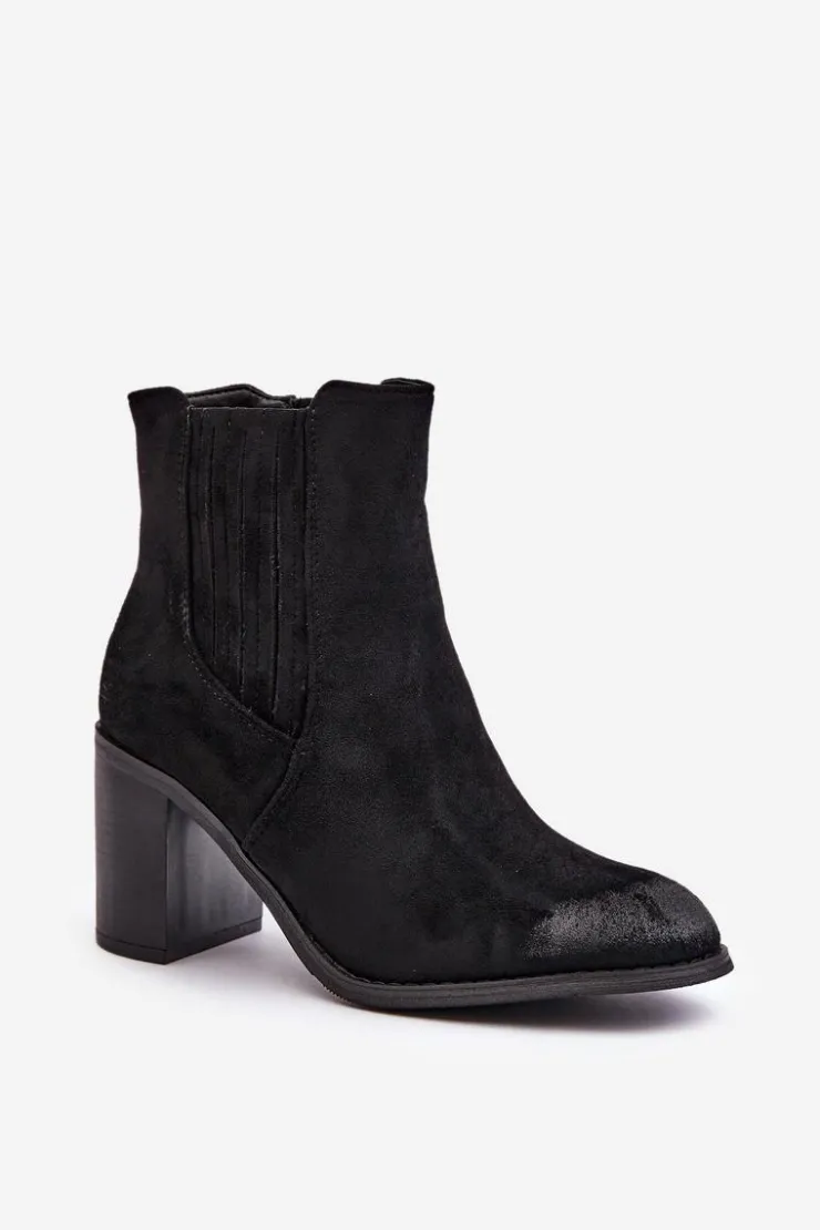 Clearance Boto Ocieplane Botki Damskie Na Słupku Eko Zamszowe Czarne Gudra