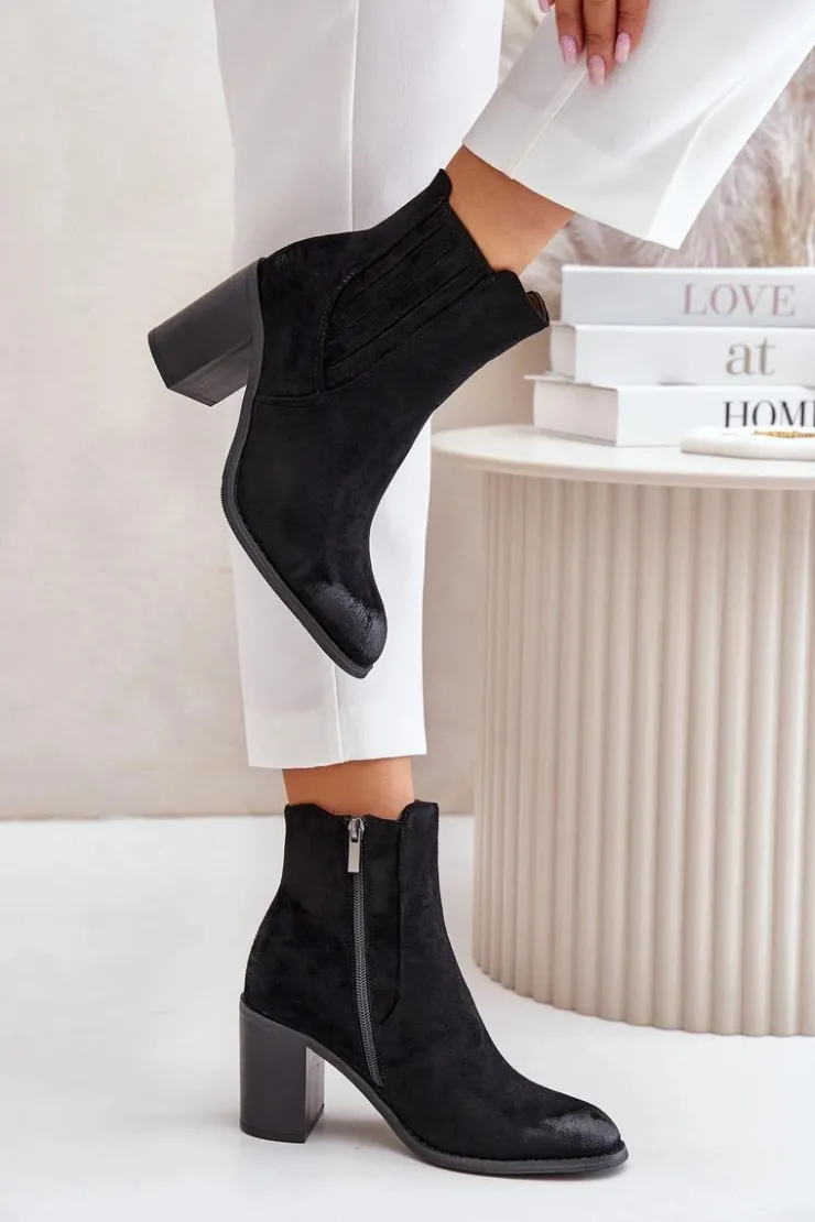 Clearance Boto Ocieplane Botki Damskie Na Słupku Eko Zamszowe Czarne Gudra