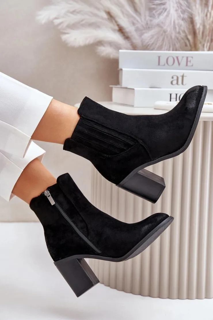 Clearance Boto Ocieplane Botki Damskie Na Słupku Eko Zamszowe Czarne Gudra