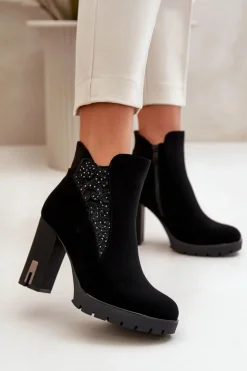 Damskie Boto Ocieplane Botki Damskie Na Wysokim Słupku Z Haftem Czarne Verissae