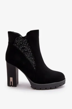 Damskie Boto Ocieplane Botki Damskie Na Wysokim Słupku Z Haftem Czarne Verissae