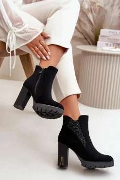 Damskie Boto Ocieplane Botki Damskie Na Wysokim Słupku Z Haftem Czarne Verissae