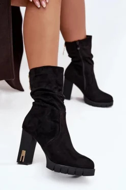 Damskie Boto Ocieplane Botki Damskie Na Słupku Ze Złotym Zamkiem I Marszczeniem Czarne Briannae