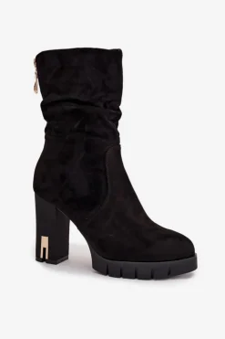 Damskie Boto Ocieplane Botki Damskie Na Słupku Ze Złotym Zamkiem I Marszczeniem Czarne Briannae