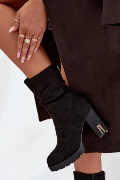 Damskie Boto Ocieplane Botki Damskie Na Słupku Ze Złotym Zamkiem I Marszczeniem Czarne Briannae