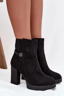 Damskie Boto Ocieplane Botki Damskie Na Słupku Z Ozdobnym Paskiem Czarne Zayna