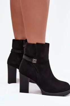 Damskie Boto Ocieplane Botki Damskie Na Słupku Z Ozdobnym Paskiem Czarne Zayna