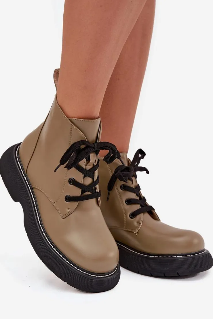 Hot Boto Ocieplane Botki Damskie Na Platformie Sznurowane Zielone Harmine Zielony