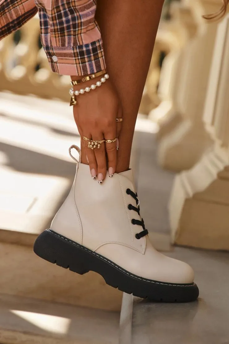 Boto Botki Ocieplane|Botki Sznurowane*Ocieplane Botki Damskie Na Platformie Sznurowane Jasnobeżowe Harmine Beżowy