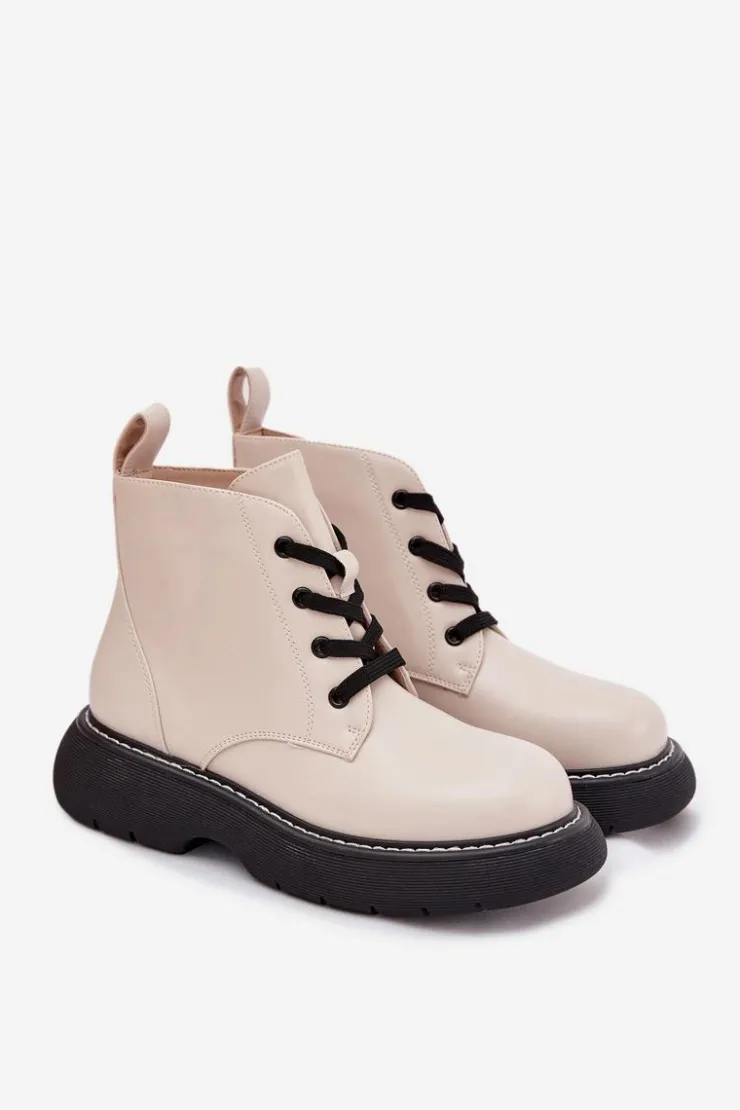 Boto Botki Ocieplane|Botki Sznurowane*Ocieplane Botki Damskie Na Platformie Sznurowane Jasnobeżowe Harmine Beżowy