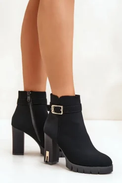 Damskie Boto Ocieplane Botki Damskie Na Słupku Ze Złotą Klamrą Czarne Taitra