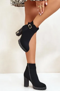 Damskie Boto Ocieplane Botki Damskie Na Słupku Ze Złotą Klamrą Czarne Taitra