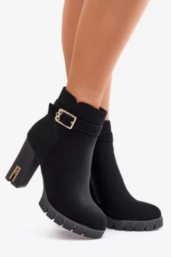 Damskie Boto Ocieplane Botki Damskie Na Słupku Ze Złotą Klamrą Czarne Taitra