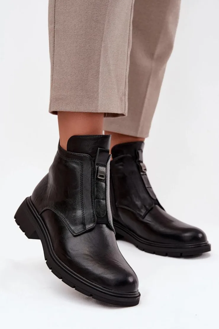 Hot Boto Ocieplane Botki Damskie Na Zamek Z Ozdobnym Detalem Czarne Roselle Czarny