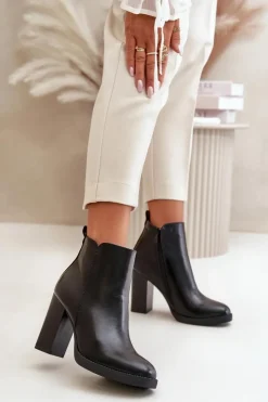 Sale Boto Ocieplane Botki Damskie Na Słupku Eko Skórzane Czarne Teresine