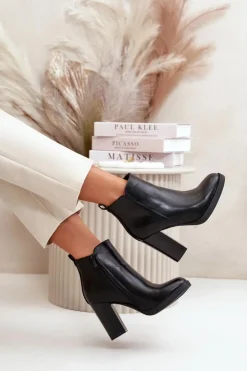 Sale Boto Ocieplane Botki Damskie Na Słupku Eko Skórzane Czarne Teresine