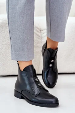 Damskie Damskie buty S.Barski Ocieplane Botki Damskie Na Płaskim Obcasie Z Eko Skóry S.Barski HY42-716 Czarne