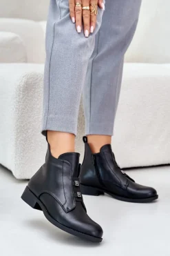 Damskie Damskie buty S.Barski Ocieplane Botki Damskie Na Płaskim Obcasie Z Eko Skóry S.Barski HY42-716 Czarne