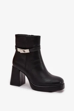 Boto Ocieplane Botki Damskie Na Słupku Z Ozdobnym Paskiem Czarne Giordina