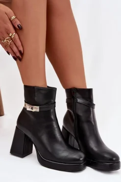 Boto Ocieplane Botki Damskie Na Słupku Z Ozdobnym Paskiem Czarne Giordina