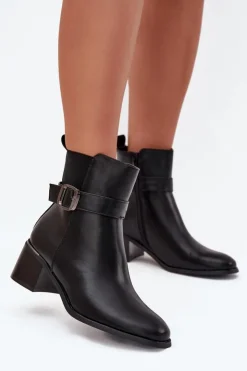 Damskie Boto Ocieplane Botki Damskie Na Obcasie Z Paskiem I Klamrą Czarne Sylira