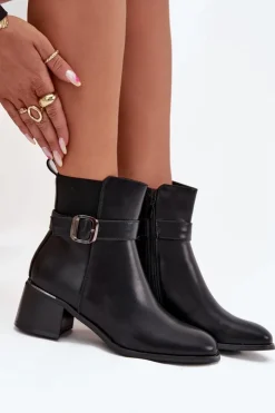 Damskie Boto Ocieplane Botki Damskie Na Obcasie Z Paskiem I Klamrą Czarne Sylira