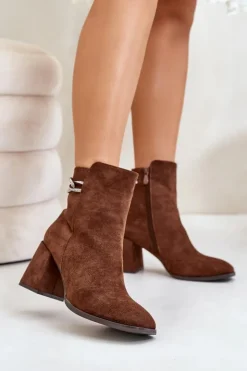 Damskie Boto Ocieplane Botki Damskie Na Słupku Eko Zamszowe Brązowe Saivia