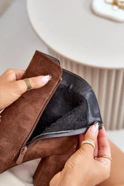 Damskie Boto Ocieplane Botki Damskie Na Słupku Eko Zamszowe Brązowe Saivia