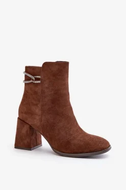 Damskie Boto Ocieplane Botki Damskie Na Słupku Eko Zamszowe Brązowe Saivia