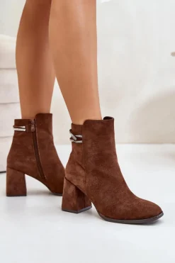 Damskie Boto Ocieplane Botki Damskie Na Słupku Eko Zamszowe Brązowe Saivia