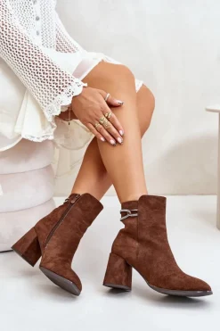 Damskie Boto Ocieplane Botki Damskie Na Słupku Eko Zamszowe Brązowe Saivia