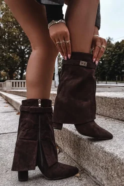 Damskie Boto Ocieplane Botki Damskie Na Słupku Z Ozdobnym Paskiem Czekoladowe Luvielle