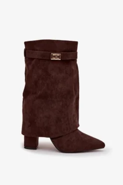 Damskie Boto Ocieplane Botki Damskie Na Słupku Z Ozdobnym Paskiem Czekoladowe Luvielle