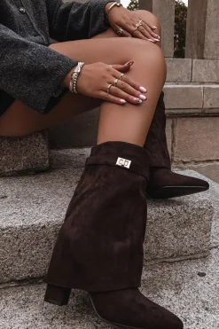 Damskie Boto Ocieplane Botki Damskie Na Słupku Z Ozdobnym Paskiem Czekoladowe Luvielle