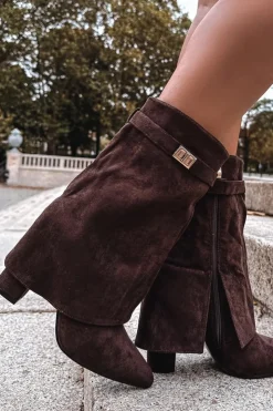 Damskie Boto Ocieplane Botki Damskie Na Słupku Z Ozdobnym Paskiem Czekoladowe Luvielle