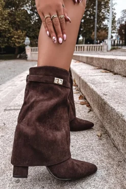 Damskie Boto Ocieplane Botki Damskie Na Słupku Z Ozdobnym Paskiem Czekoladowe Luvielle