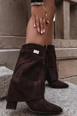 Damskie Boto Ocieplane Botki Damskie Na Słupku Z Ozdobnym Paskiem Czekoladowe Luvielle