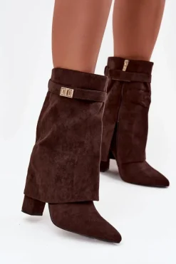 Damskie Boto Ocieplane Botki Damskie Na Słupku Z Ozdobnym Paskiem Czekoladowe Luvielle
