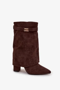 Damskie Boto Ocieplane Botki Damskie Na Słupku Z Ozdobnym Paskiem Czekoladowe Luvielle