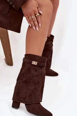 Damskie Boto Ocieplane Botki Damskie Na Słupku Z Ozdobnym Paskiem Czekoladowe Luvielle