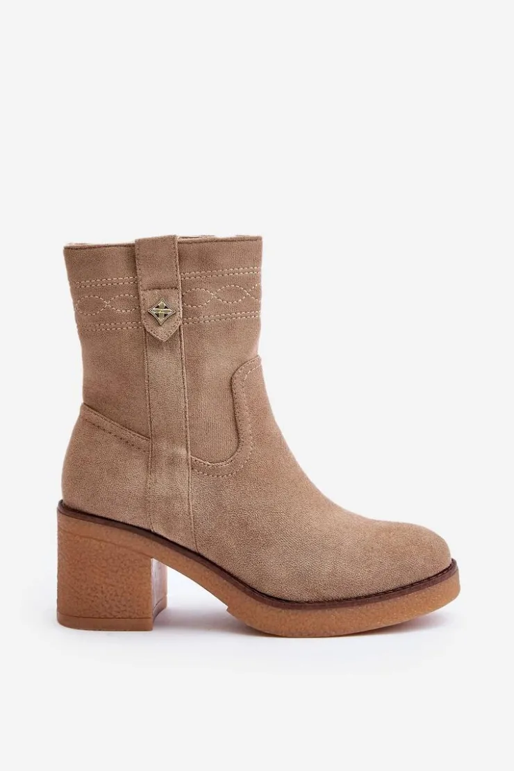 Clearance Boto Ocieplane Botki Damskie Na Obcasie Słupku Beżowe Vailia Beżowy