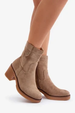 Clearance Boto Ocieplane Botki Damskie Na Obcasie Słupku Beżowe Vailia Beżowy