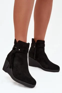 Boto Botki Ocieplane|Botki Na Koturnie*Ocieplane Botki Damskie Na Koturnie Z Frędzlami Czarne Olivarae