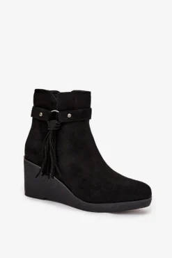 Boto Botki Ocieplane|Botki Na Koturnie*Ocieplane Botki Damskie Na Koturnie Z Frędzlami Czarne Olivarae